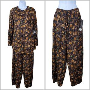 NEW Vintage Lounge Outfit Set Top Wide Leg Pants Size Medium Bird Floral Print
